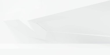 Beyaz soyut geometrik arkaplanın 3D görüntüsü. Reklam tasarımı, teknoloji, vitrin, sergi salonu, metaevren, pankart, kozmetik, spor, iş. Bilim-Kurgu İllüstrasyonu. Ürün görüntüsü