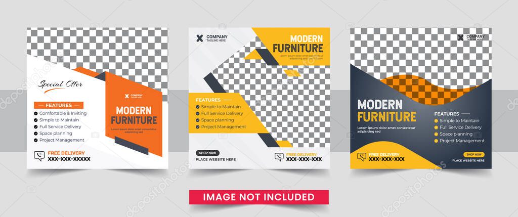 Furniture social media post templates. Set of editable social media post template for modern furniture sale