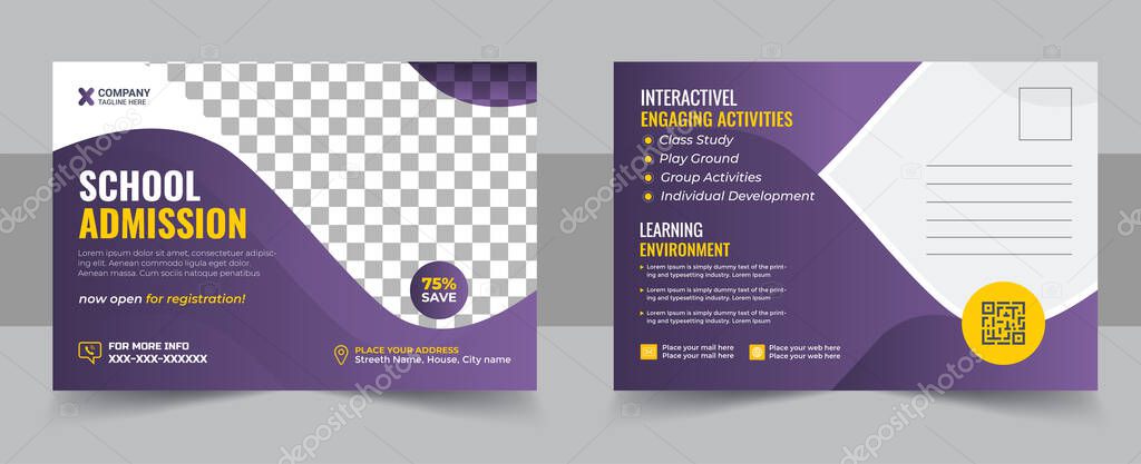Kids back to school education admission postcard template. Modern professional school admission postcard template