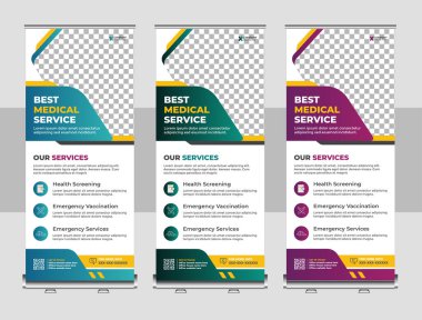 Sağlık hizmetleri veya sağlık pankartı, yukarı çek, iş broşürü, ekran, x-afişi ve bayrak seti
