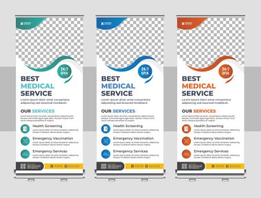 Sağlık hizmetleri veya sağlık pankartı, yukarı çek, iş broşürü, ekran, x-afişi ve bayrak seti