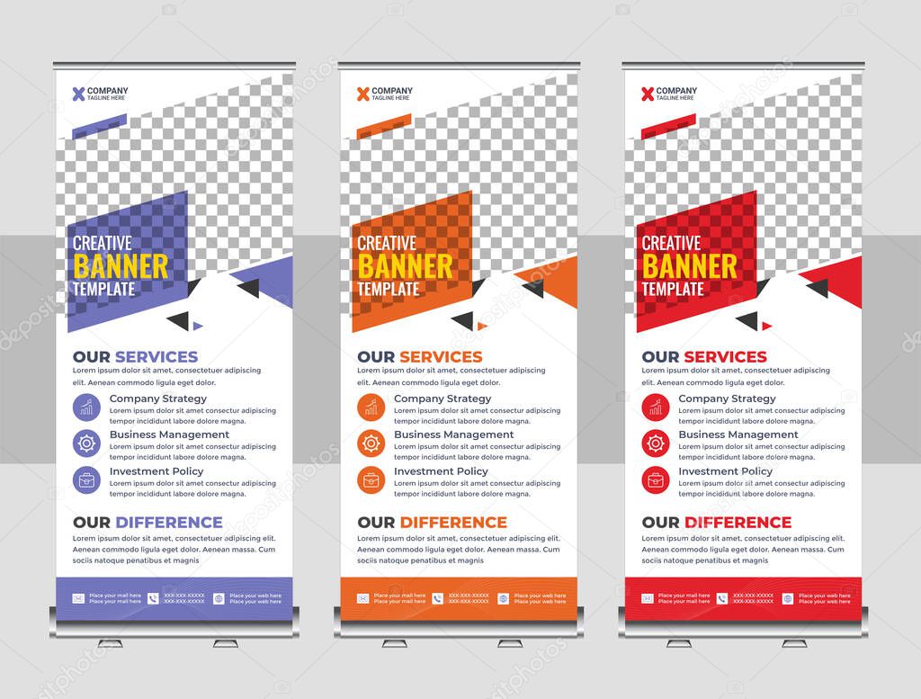 Corporate rollup banner, pull up, business flyer, display, x-banner, and flag-banner Set