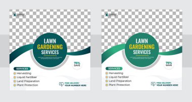 Çim biçme bahçesi veya Peyzaj Hizmetleri Sosyal Medya Postası ve Web Sancak Şablonu Tasarımı.