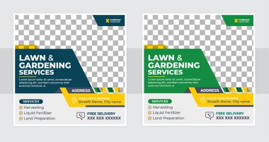 Çim biçme bahçesi veya Peyzaj Hizmetleri Sosyal Medya Postası ve Web Sancak Şablonu Tasarımı.