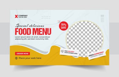 Fast food iş tanıtımı web pankartı tasarımı, Restoran sağlıklı burger çevrimiçi indirimli sosyal medya pazarlama kapağı veya el ilanı