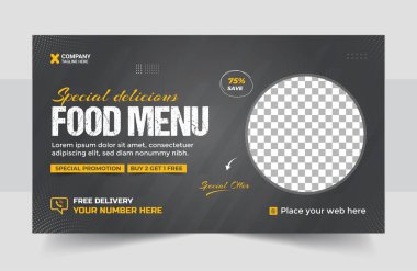 Fast food iş tanıtımı web pankartı tasarımı, Restoran sağlıklı burger çevrimiçi indirimli sosyal medya pazarlama kapağı veya el ilanı