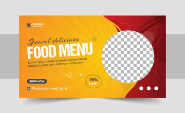 Fast food iş tanıtımı web pankartı tasarımı, Restoran sağlıklı burger çevrimiçi indirimli sosyal medya pazarlama kapağı veya el ilanı