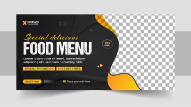 Fast food iş tanıtımı web afiş tasarımı, Restoran sağlıklı burger çevrimiçi indirimli sosyal medya pazarlama kapağı veya broşür vektörü