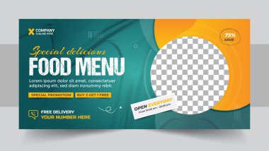 Fast food iş tanıtımı web afiş tasarımı, Restoran sağlıklı burger çevrimiçi indirimli sosyal medya pazarlama kapağı veya broşür vektörü