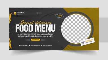 Fast food iş tanıtımı web afiş tasarımı, Restoran sağlıklı burger çevrimiçi indirimli sosyal medya pazarlama kapağı veya broşür vektörü