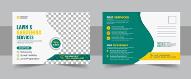 Çim biçme bahçesi ya da peyzaj servisi posta kartı şablonu. Eddm Kartpostal Tasarımı, Olay Kartı Tasarımı, Doğrudan Posta Şablonu, Davetiye Tasarımı. Broşür, çimen, ekipman, bahçıvan