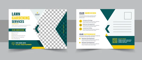Çim biçme bahçesi ya da peyzaj servisi posta kartı şablonu. Eddm Kartpostal Tasarımı, Olay Kartı Tasarımı, Doğrudan Posta Şablonu, Davetiye Tasarımı. Broşür, çimen, ekipman, bahçıvan