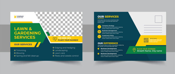 Lawn Mower Garden or Landscaping Service Postcard Template. Eddm Postcard Design, Event Card Design, Direct Mail Template, Invitation Design. leaflet, grass, equipment, gardener