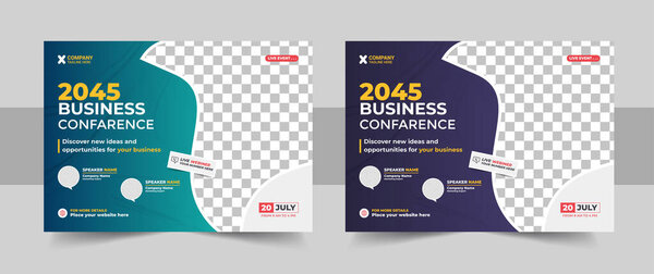 Conference flyer and invitation banner template design, Annual corporate business workshop, meeting & training promotion poster, Online digital marketing horizontal cover template