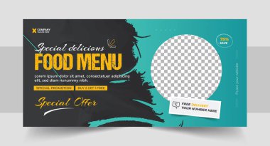 Fast food iş tanıtımı web pankartı tasarımı, Restoran sağlıklı burger çevrimiçi indirimli sosyal medya pazarlama kapağı veya el ilanı