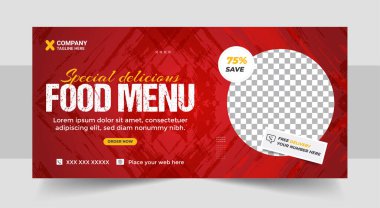 Fast food iş tanıtımı web pankartı tasarımı, Restoran sağlıklı burger çevrimiçi indirimli sosyal medya pazarlama kapağı veya el ilanı