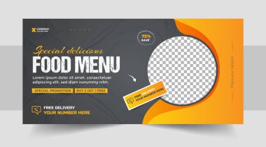 Fast food iş tanıtımı web pankartı tasarımı, Restoran sağlıklı burger çevrimiçi indirimli sosyal medya pazarlama kapağı veya el ilanı