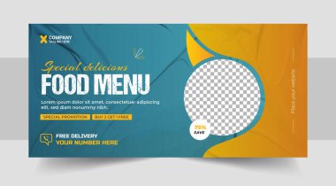 Fast food iş tanıtımı web pankartı tasarımı, Restoran sağlıklı burger çevrimiçi indirimli sosyal medya pazarlama kapağı veya el ilanı