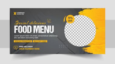 Fast food iş tanıtımı web pankartı tasarımı, Restoran sağlıklı burger çevrimiçi indirimli sosyal medya pazarlama kapağı veya el ilanı