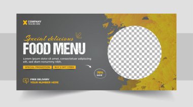 Fast food iş tanıtımı web pankartı tasarımı, Restoran sağlıklı burger çevrimiçi indirimli sosyal medya pazarlama kapağı veya el ilanı