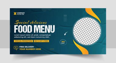 Fast food iş tanıtımı web pankartı tasarımı, Restoran sağlıklı burger çevrimiçi indirimli sosyal medya pazarlama kapağı veya el ilanı