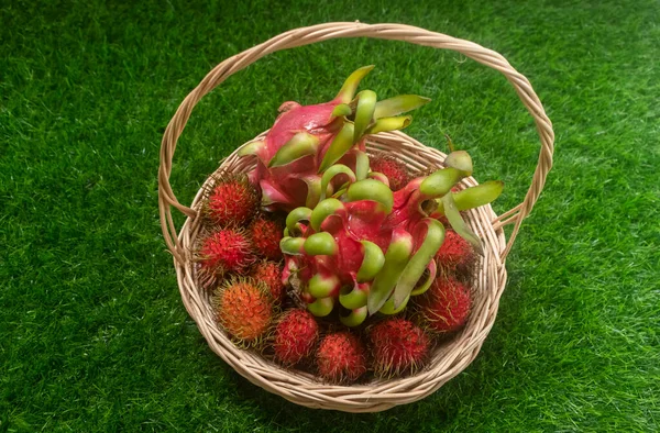 Rambutan and red and white dragon fruit (a pitaya or pitahaya) in a woven basket on the grass. The concept of fruit growing. Close-up. Outdoor. Healthy organic food, nutrition and lifestyle. Fruit harvest time on the plantation.