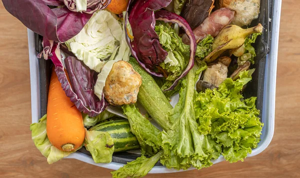 Waste bin with unused food. Food waste as a global problem in the world. Interior. Close-up. Isolated on a brown background. Copy space. Food waste concept.