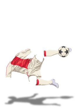 Beyaz üniformalı bir futbolcunun silueti düşerken topa vuruyor.