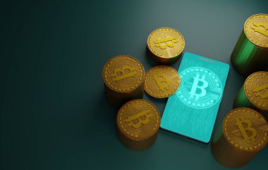 Bitcoin kripto para yığını ve akıllı telefon, 3D görüntüleme