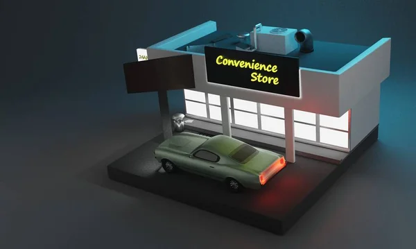 Isometric convenience store with car Low-poly 3D rendering