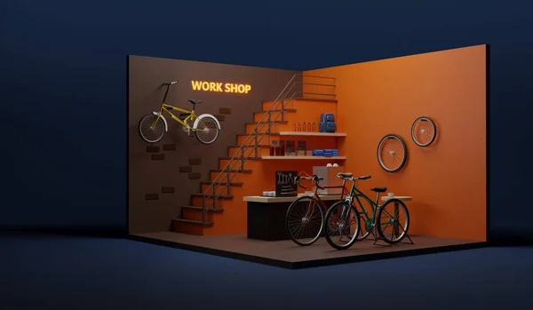 Bicycle repairs garage with fixing bike.3D isometric rendering