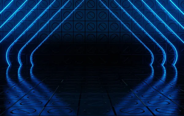 Sci Futuristic Blue Neon Glowing Laser Metal Reflective Background Rendering — Fotografia de Stock