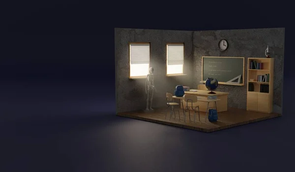 Isometric class room interior in old school concept. 3D Rendering