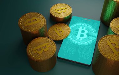 Bitcoin kripto para yığını ve akıllı telefon, 3D görüntüleme