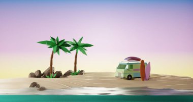 Minibüsü ve surf3D görüntüsü olan güneşli tropik plaj.