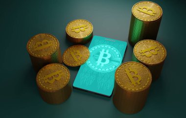 Bitcoin kripto para yığını ve akıllı telefon, 3D görüntüleme