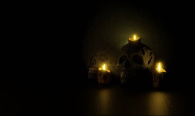 Bir bulut dumanından çıkan korkunç kafatası 3D mumla