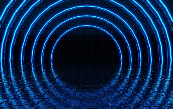 Sci Futurystyczny Niebieski Neon Świecący Laser Metalowym Odblaskowym Tle Renderowanie — Zdjęcie stockowe