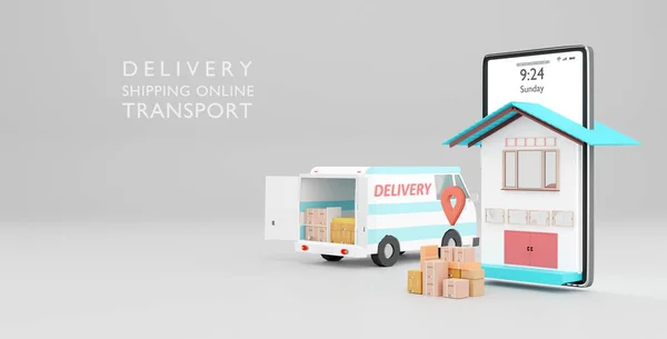 Online Shop Global Logistic Truck Van Delivery Smartphone Home Rendering — Stockfoto