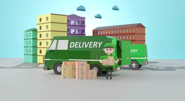 Logistic truck van delivery at city.3d rendering