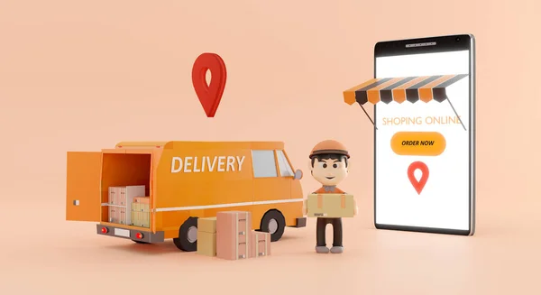 Online Global Logistic Truck Van Delivery Phone Rendering — Stockfoto