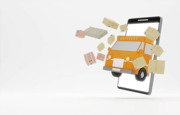 Online global logistic truck van delivery on phone.3d rendering