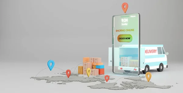 Online global logistic truck van delivery on phone.3d rendering
