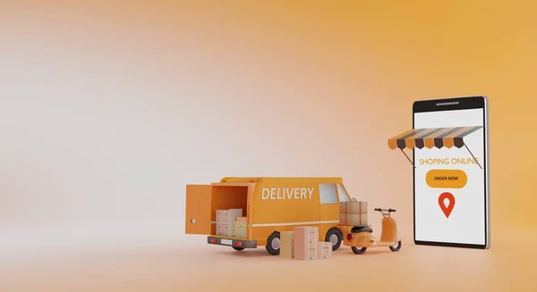 Online global logistic truck van delivery on smartphone.3d rendering