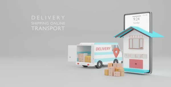 Online Shop Global Logistic Truck Van Delivery Smartphone Home Rendering — Zdjęcie stockowe