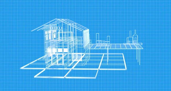 Blueprint House Plan Drawing Wireframe Structure Rendering — Photo