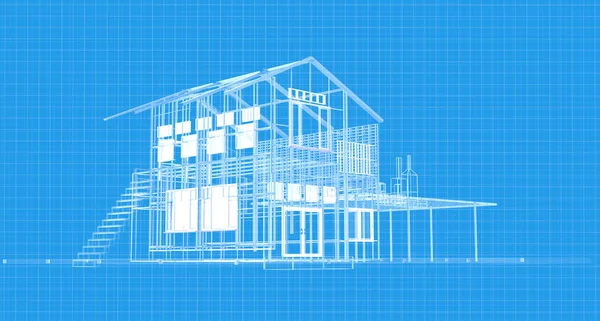 Blueprint House Plan Drawing Wireframe Structure Rendering —  Fotos de Stock