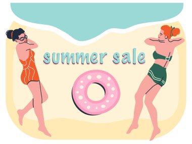 Summer sale banner. Vector illustration of two women tanning at the beach. A concept of vacation and shopping time. 