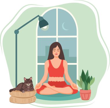 Young woman practicing yoga meditation at home. Beautiful girl, sitting in lotus position near the window. Flat vector illustration.