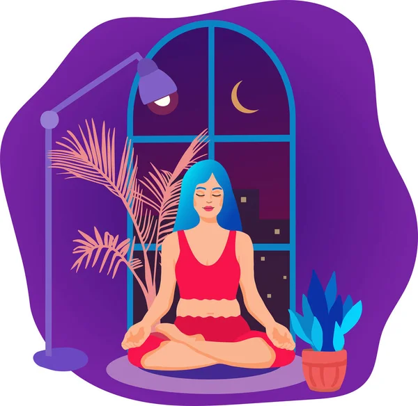 Girl Performing Yoga Home Young Woman Doing Meditation Practice Vivid — Stock Vector